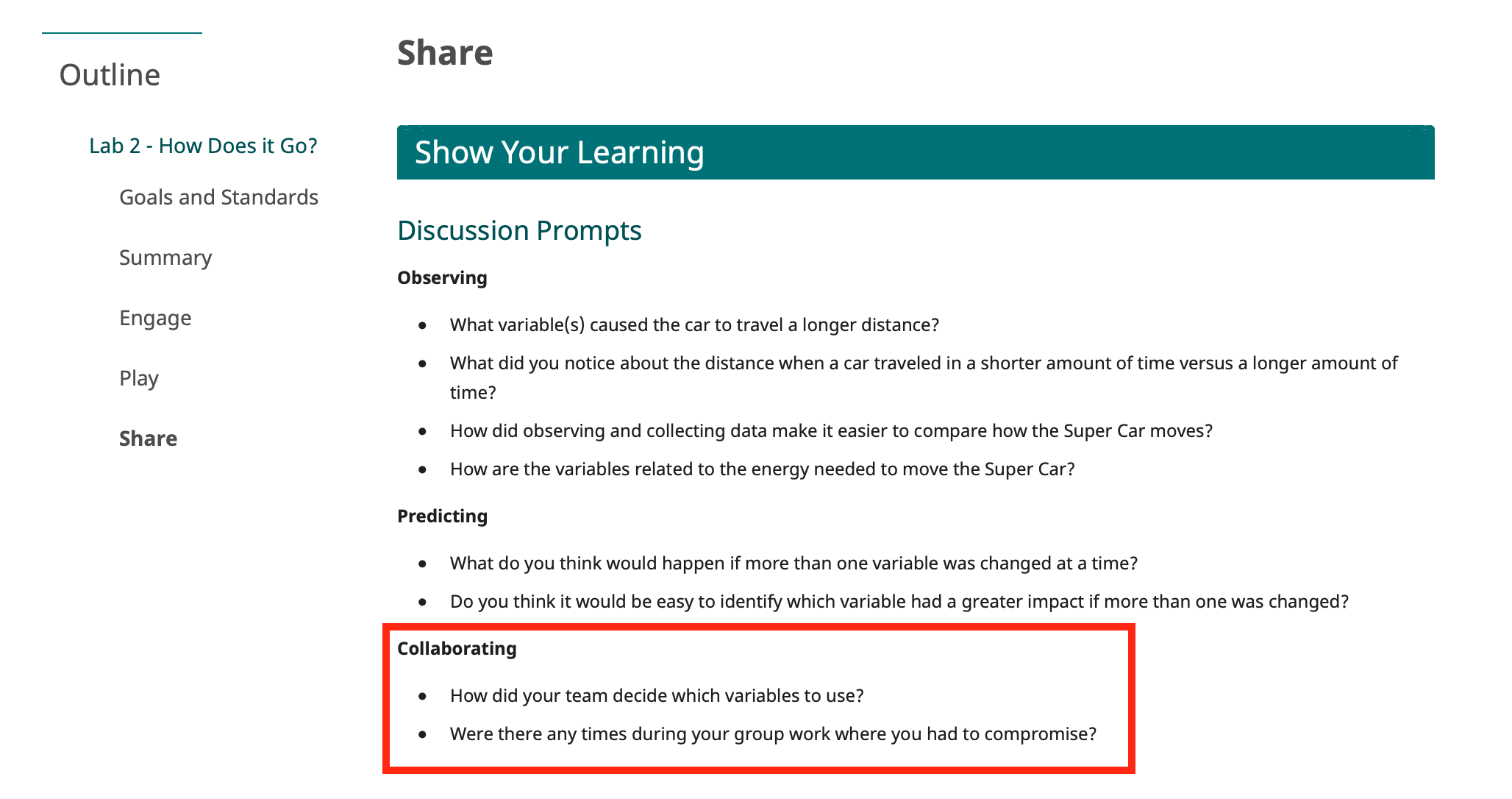 Capture d'écran de la page Partager d'un laboratoire STEM, avec la section Collaboration mise en évidence qui fournit des questions sur la collaboration sur lesquelles les étudiants peuvent réfléchir.