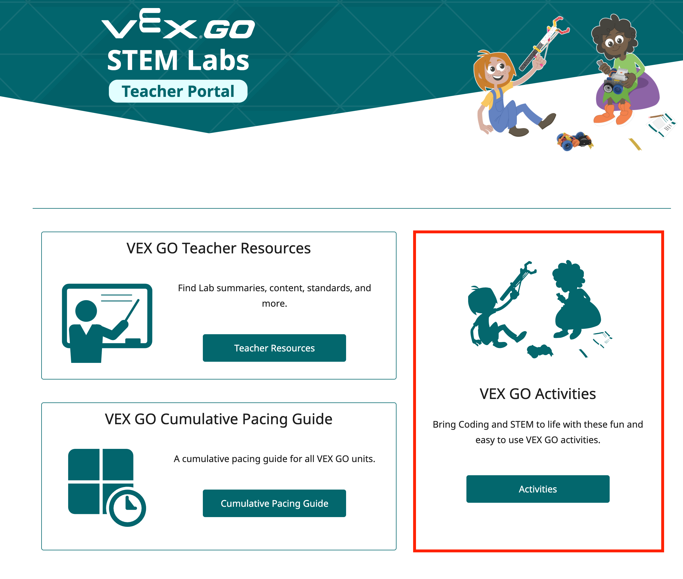 VEX GO Tevékenységek hivatkozás a Tanári Portál Hub menüjében.