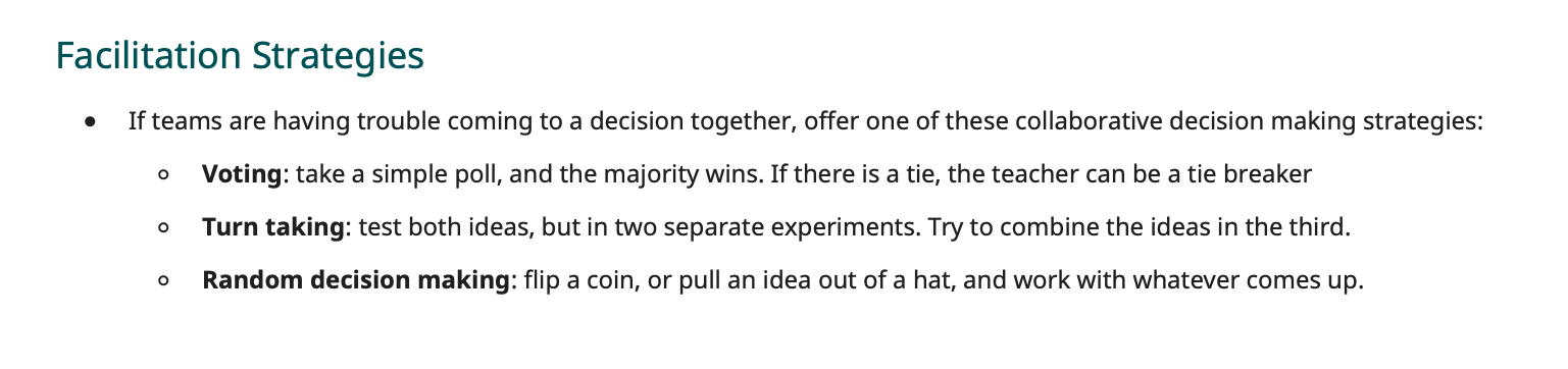 Captura de ecrã da secção Estratégias de Facilitação que pode ser encontrada no GO STEM Lab e fornece conselhos sobre como promover o trabalho em equipa.