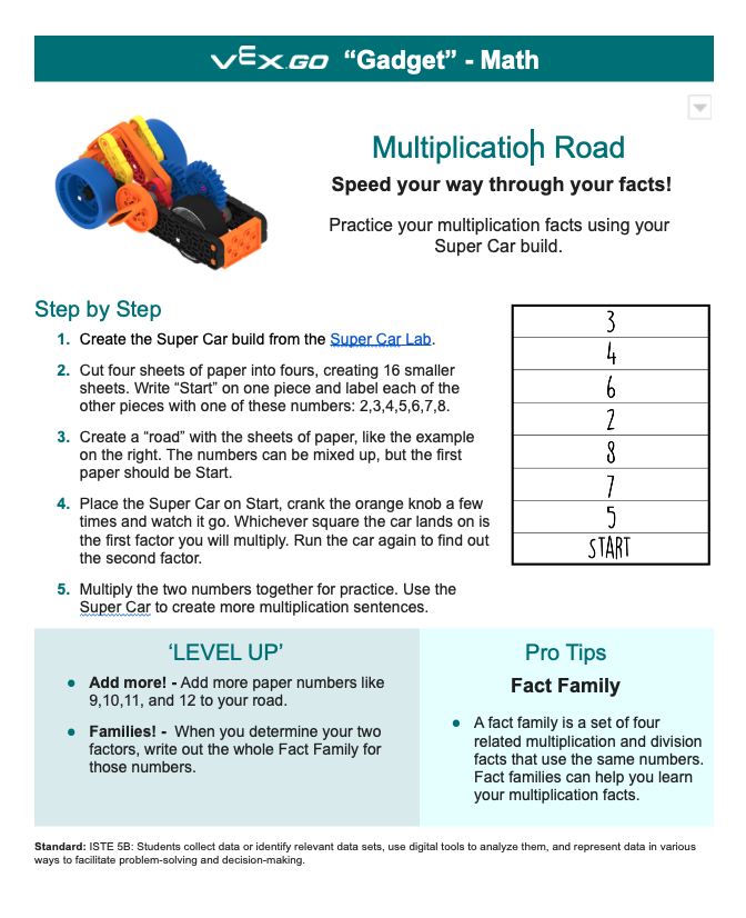 Знімок екрана VEX GO Multiplication Road Activity, показано як приклад.