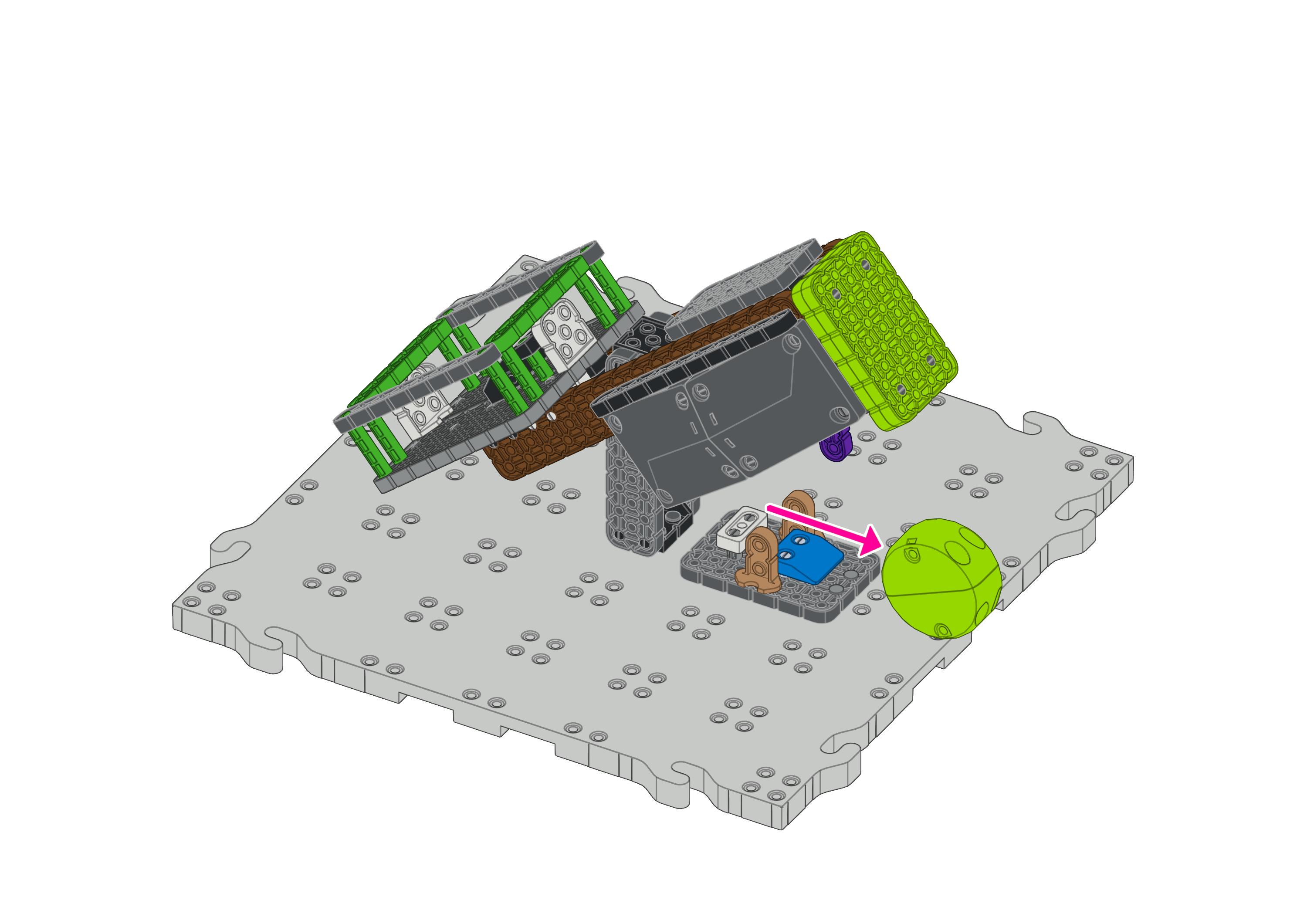 Diagram met een pijl die laat zien dat de keukenmachine, wanneer deze ingedrukt wordt, een stuk voedsel produceert.