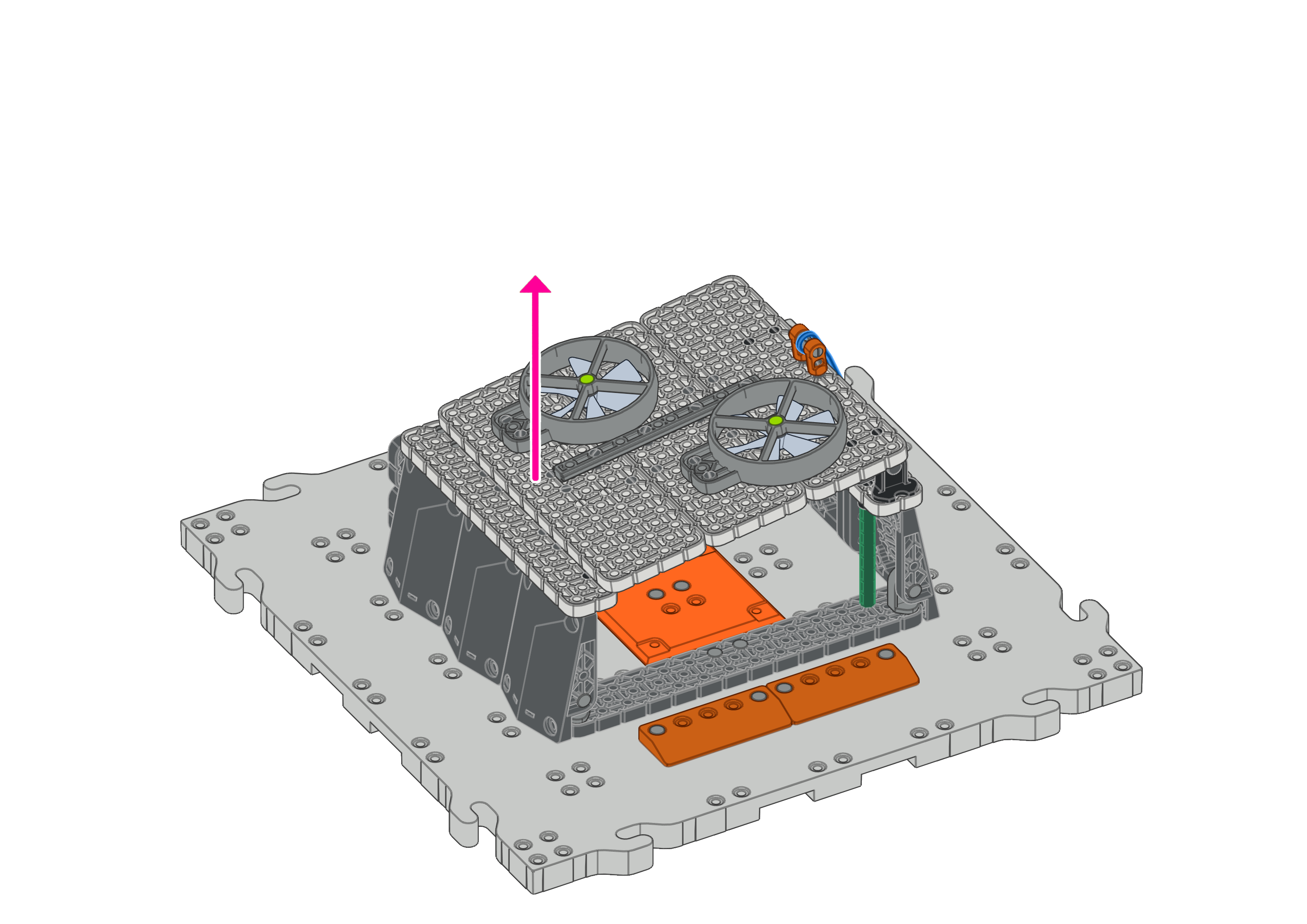 Diagram met een pijl die laat zien hoe het dak van de noodschuilplaats opgetild kan worden om deze te openen.