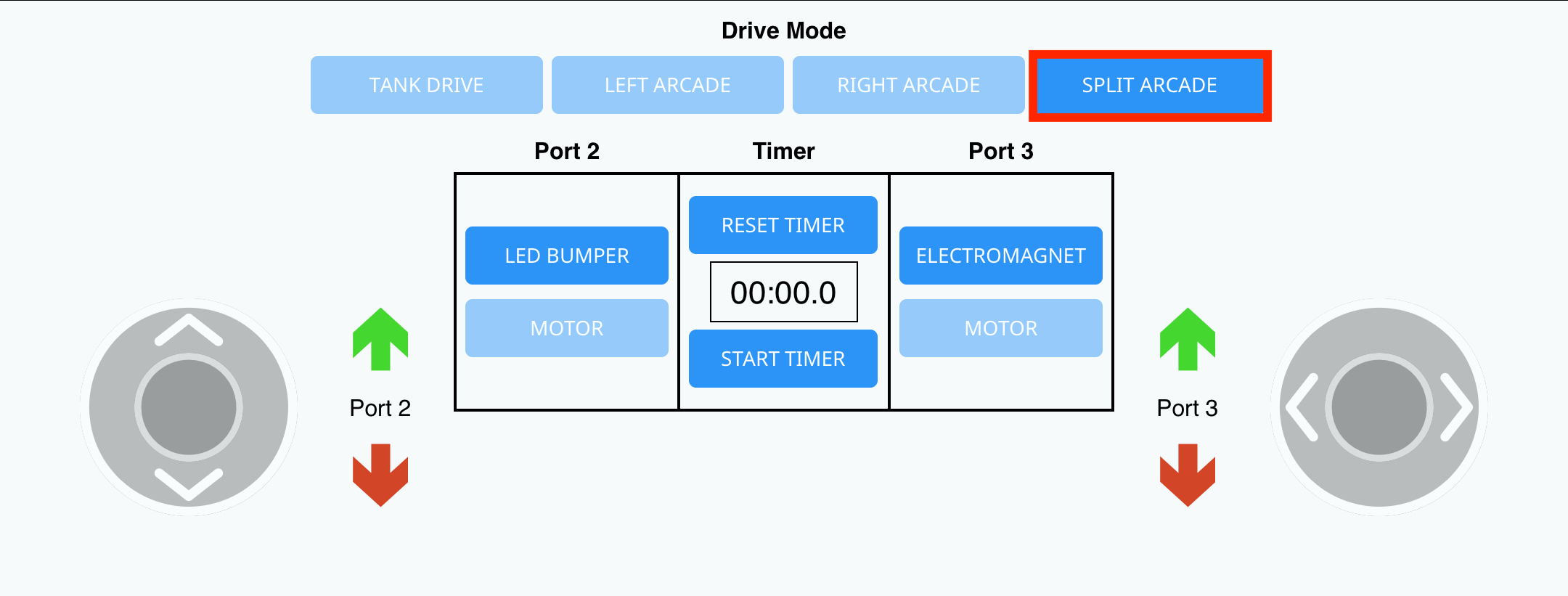 Karta Drive w VEXcode GO z podświetlonym przyciskiem Split Arcade w sekcji Drive Mode.