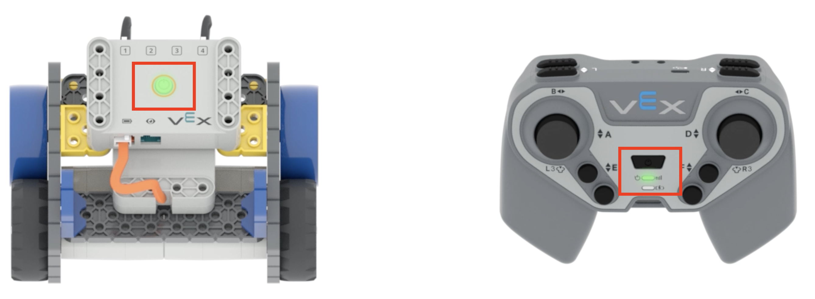 GO Code Base อยู่ถัดจาก IQ 2nd Gen Controller อุปกรณ์ทั้งสองมีปุ่มเปิด/ปิดเครื่องสีเขียวเรืองแสงเพื่อระบุว่าอุปกรณ์เปิดอยู่