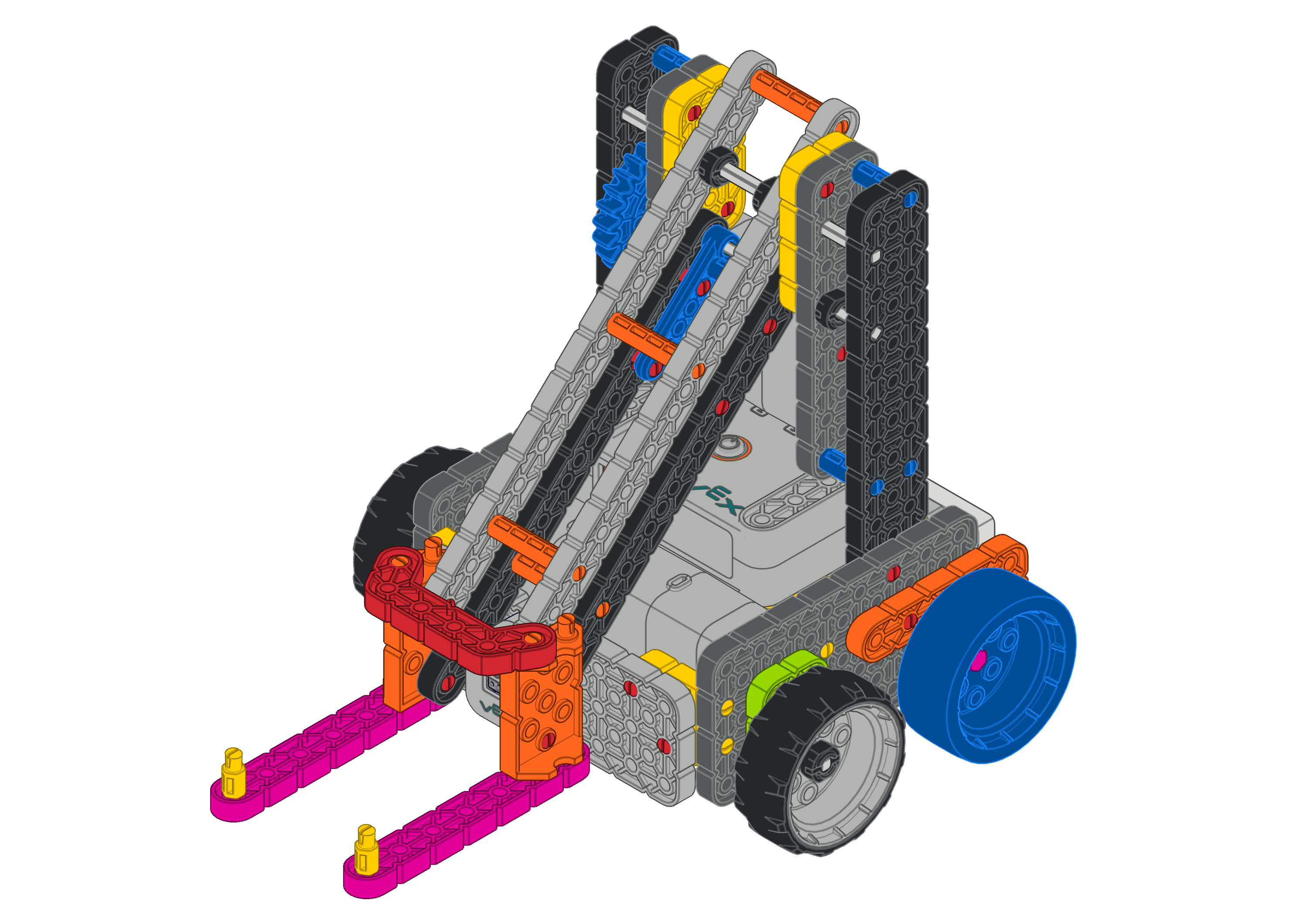 Schrägansicht des Competition Advanced Hero Robot, der über einen Arm und einen Schaufelmechanismus verfügt.