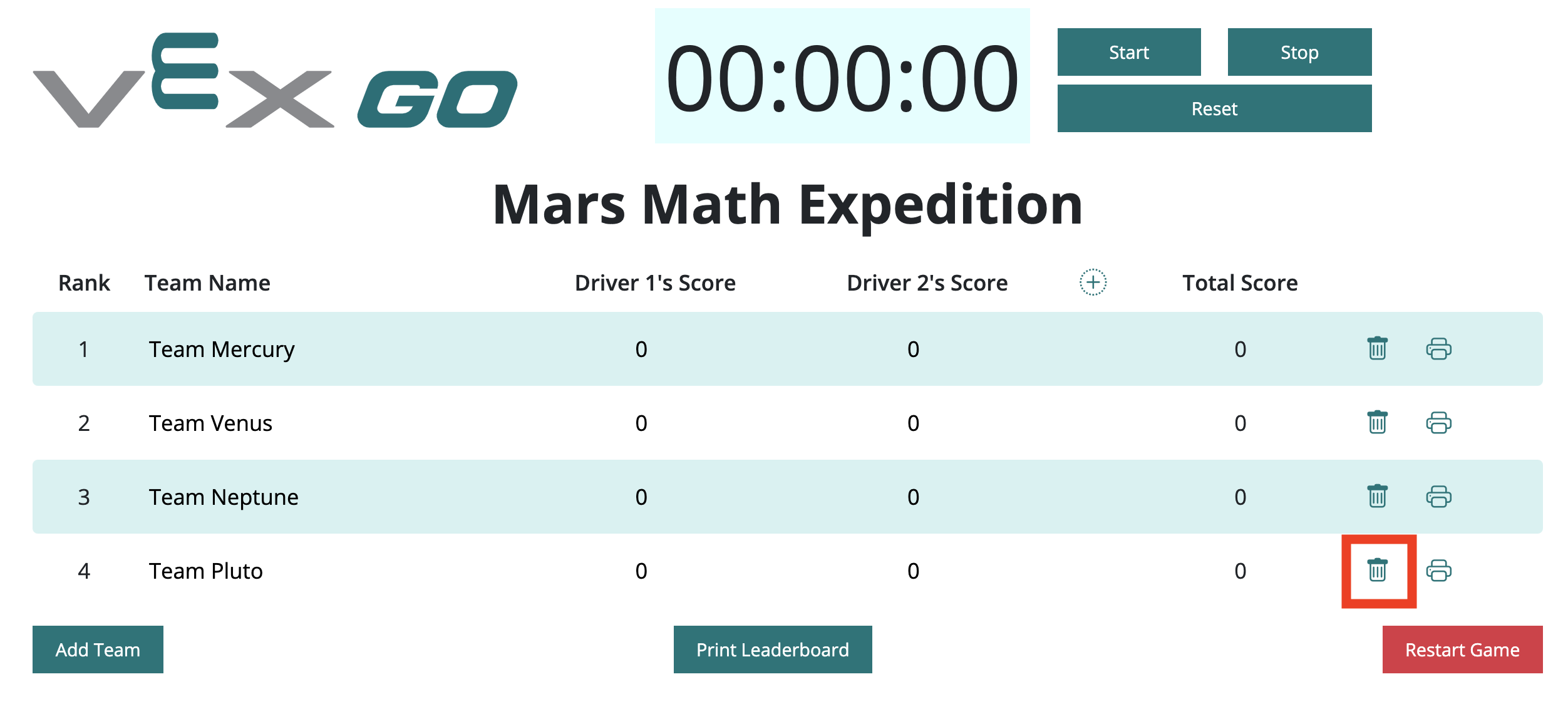 Tabla de clasificación de VEX GO con el ícono de la papelera resaltado que se puede usar para eliminar un equipo específico.