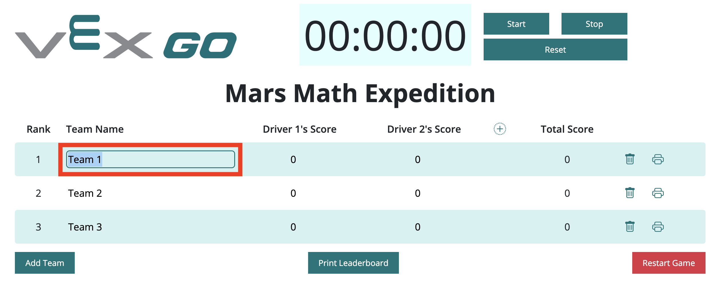 Classement VEX GO avec le nom d'une équipe sélectionné et mis en évidence, montrant qu'il peut être personnalisé.