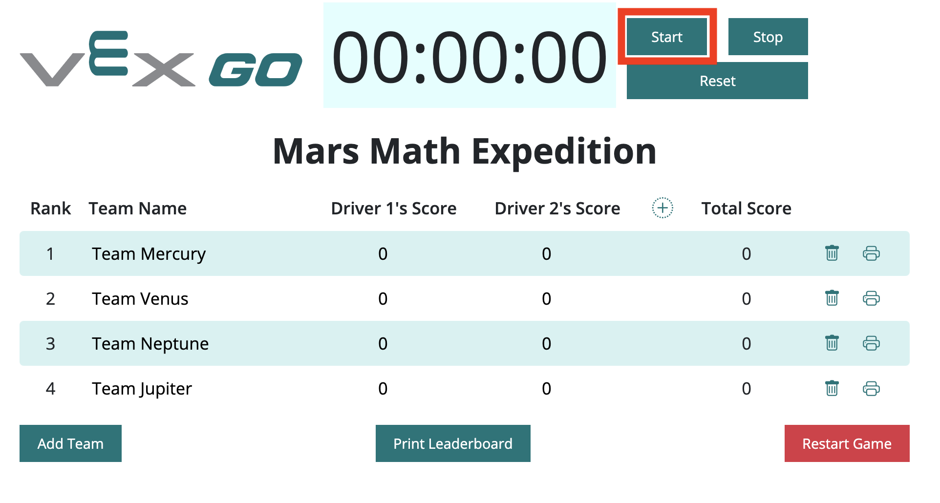 Classement VEX GO avec le bouton Démarrer mis en surbrillance à droite du chronomètre.