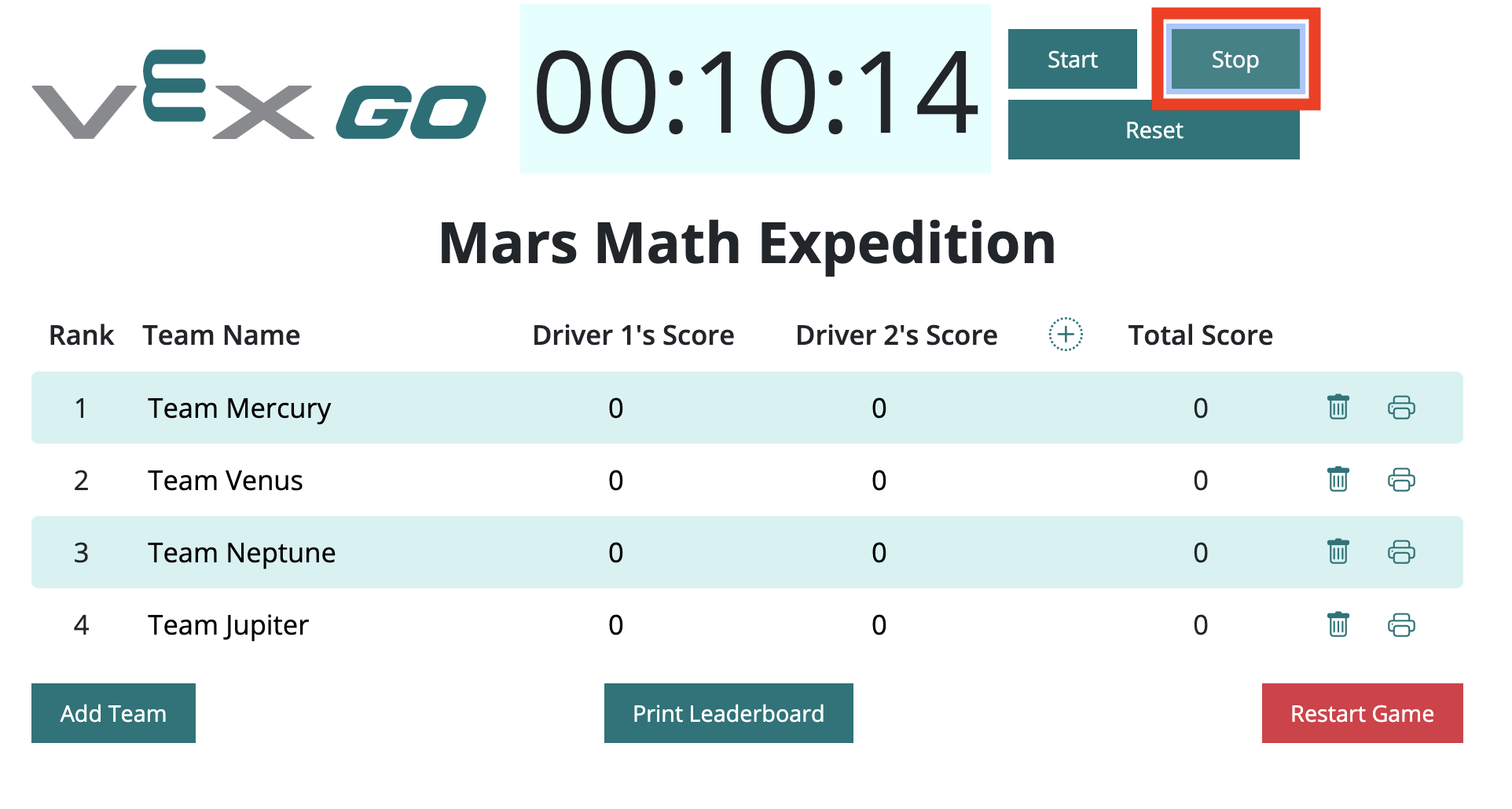 Classement VEX GO avec le bouton Arrêter mis en évidence à droite du chronomètre.
