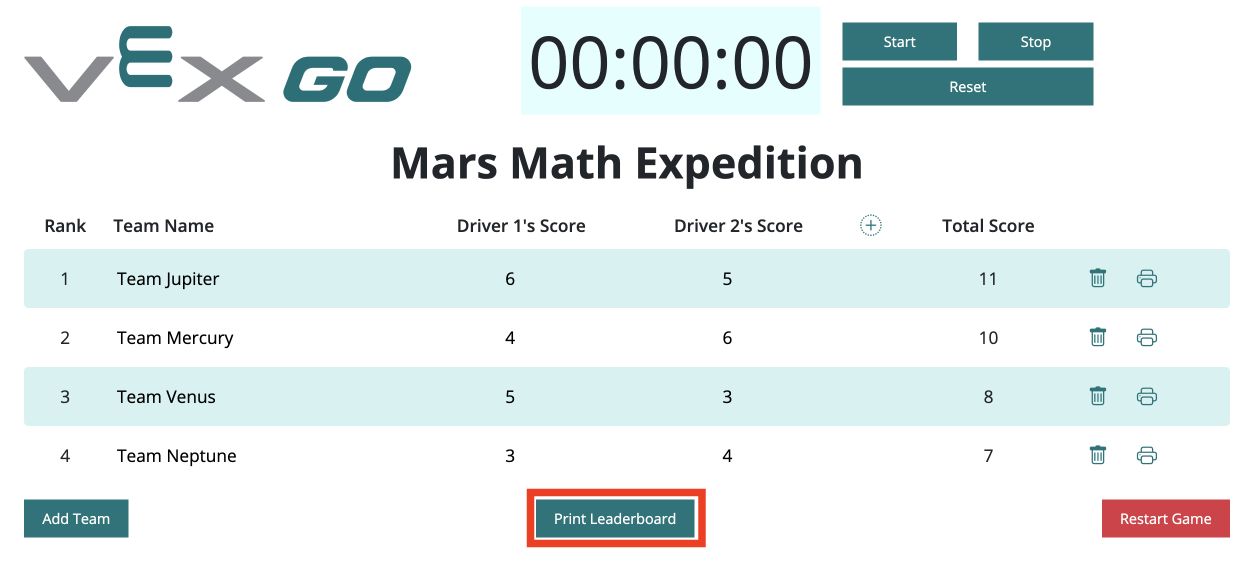 Classement VEX GO avec le bouton Imprimer le classement mis en évidence en bas de la page.