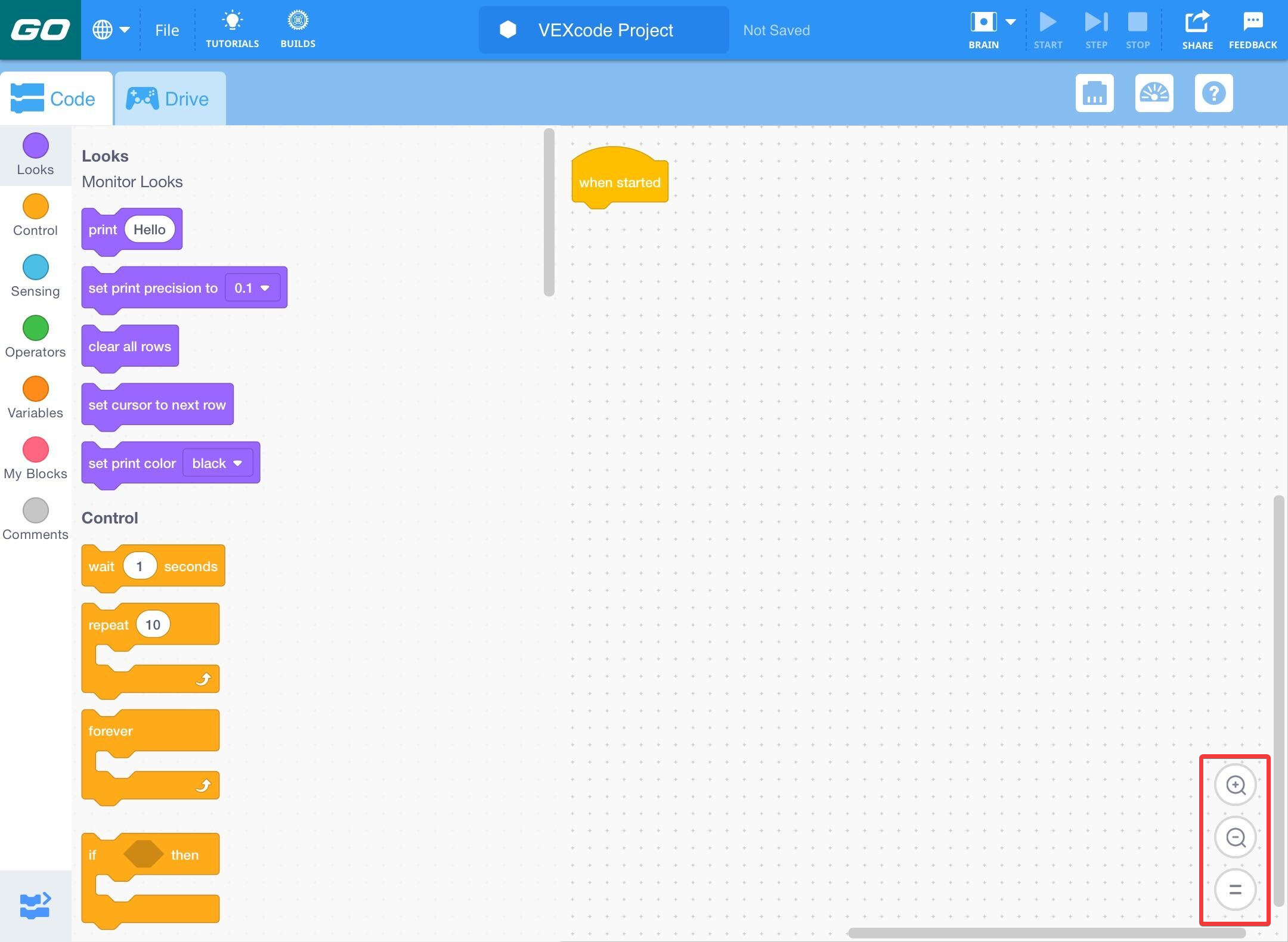 Espaço de trabalho do VEXcode GO com os três botões de dimensionamento de blocos destacados no canto inferior direito. Há um ícone de mais, um ícone de menos e um ícone de igual.