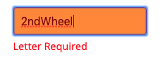 Exemplo de nome de variável inválido. O nome é "2ndWheel", que começa com um número. Um aviso diz Carta necessária.