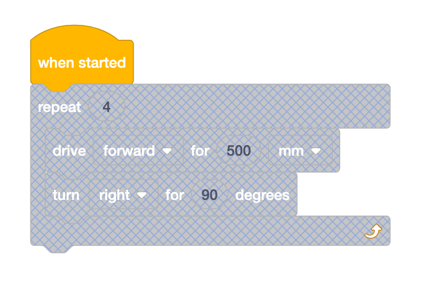 Projet VEXcode GO Blocks avec un bloc conteneur et tous ses blocs imbriqués désactivés. Les blocs sont grisés et sont surmontés d'une grille de lignes diagonales.