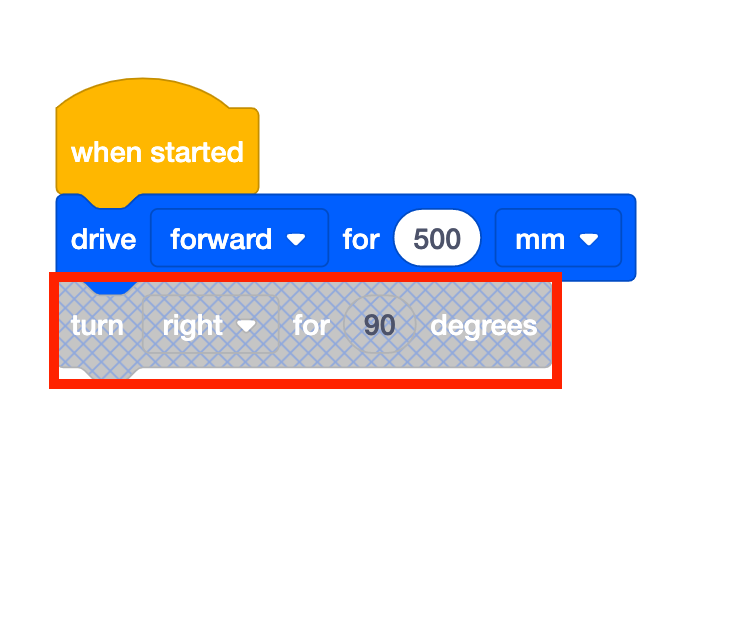 Progetto VEXcode GO Blocks contenente un blocco disabilitato. Il blocco è disattivato e presenta una griglia di linee diagonali sopra.