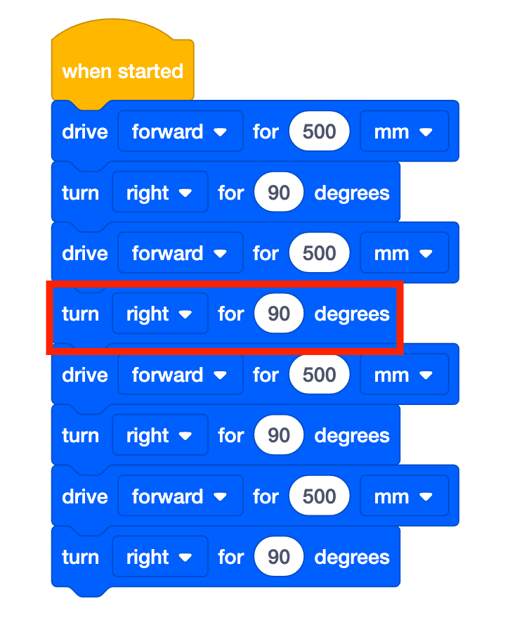 VEXcode GO ব্লকস প্রজেক্ট যা একটি বর্গাকার প্রোগ্রামে স্থির ড্রাইভ দেখায়। ৪টি টার্ন ফর ব্লক এখন ডানদিকে মোড় নেয়, এবং যে ব্লকটি ঠিক করা হয়েছে তা হাইলাইট করা হয়।