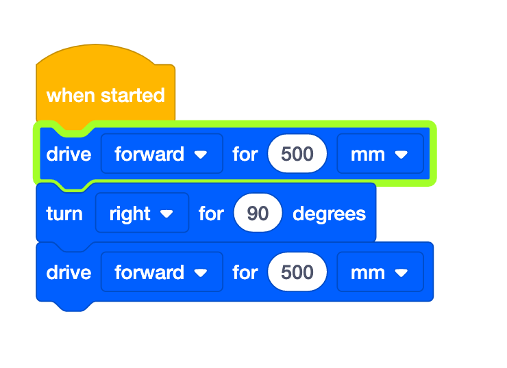 VEXcode GO Blocks -projekti, jossa on Drive for block, Turn lohko ja toinen Drive for block. Ensimmäinen Drive for block on korostettu vihreällä osoittaen, että ohjelma on askeltanut kerran ja tämä lohko on nyt käynnissä.