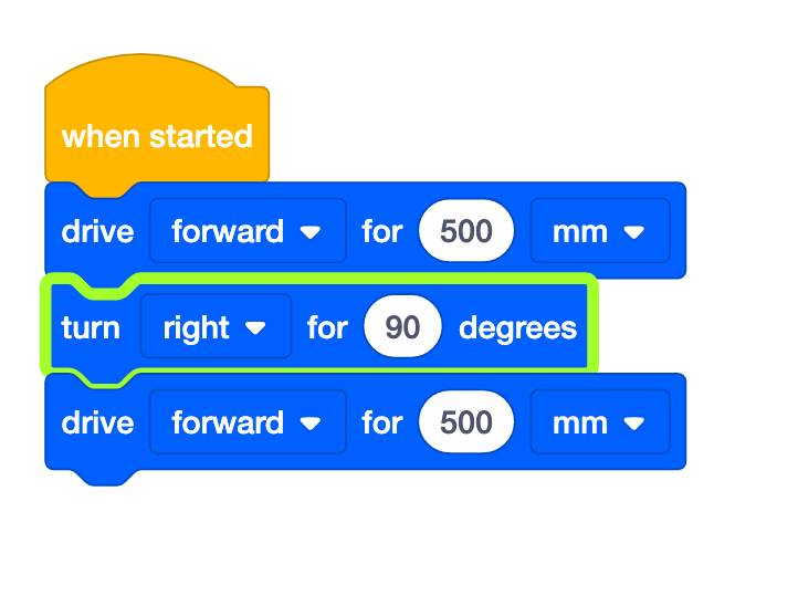 VEXcode GO Blocks-Projekt mit einem Drive-for-Block, einem Turn-for-Block und einem weiteren Drive-for-Block. Der Block „Turn for“ ist grün hervorgehoben, um anzuzeigen, dass das Programm zwei Schritte ausgeführt hat und dieser Block nun ausgeführt wird.