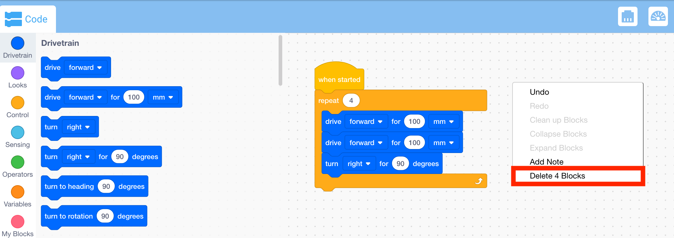 Робоча область VEXcode GO із відкритим фоновим контекстним меню та виділеною опцією «Видалити блоки X». Ця опція видаляє всі блоки в робочій області, крім блоку Коли розпочато.