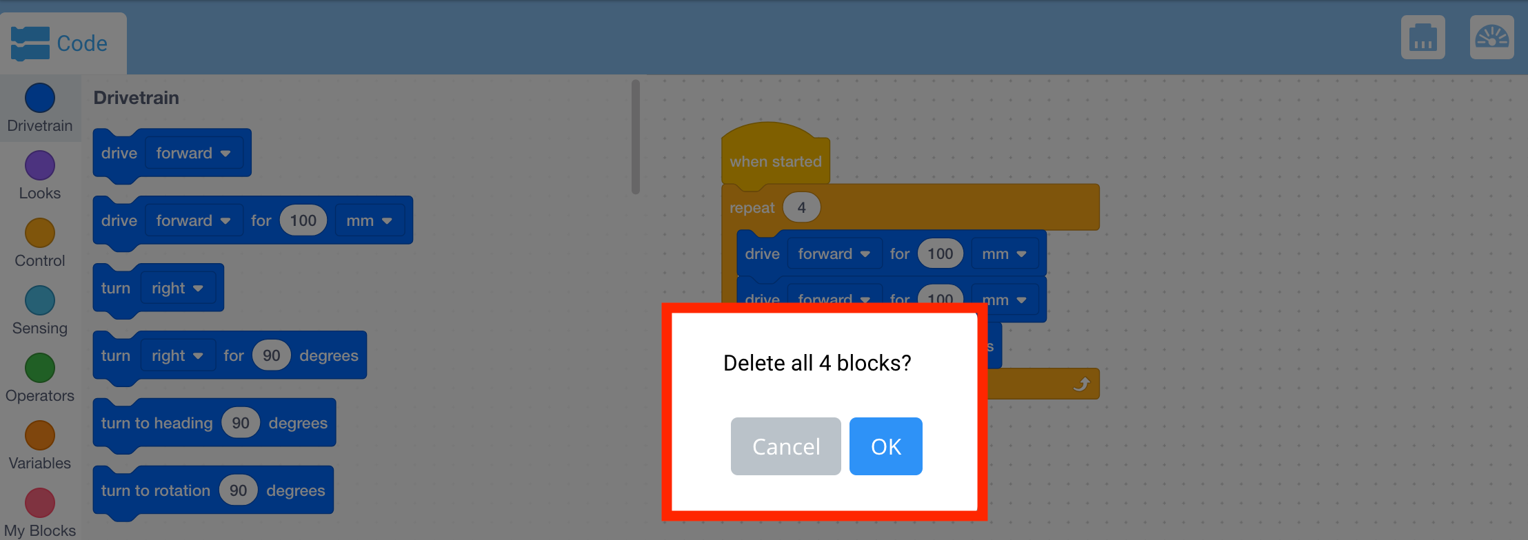Робоча область VEXcode GO після вибору параметра «Видалити блоки X». З’явиться підказка Видалити всі блоки X? Користувач може натиснути «Скасувати» або «ОК».