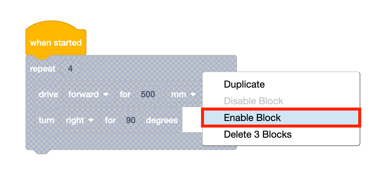 Atidarytas VEXcode GO Blocks projektas su išjungto konteinerio bloko kontekstiniu meniu ir paryškinta parinktis Įgalinti bloką.