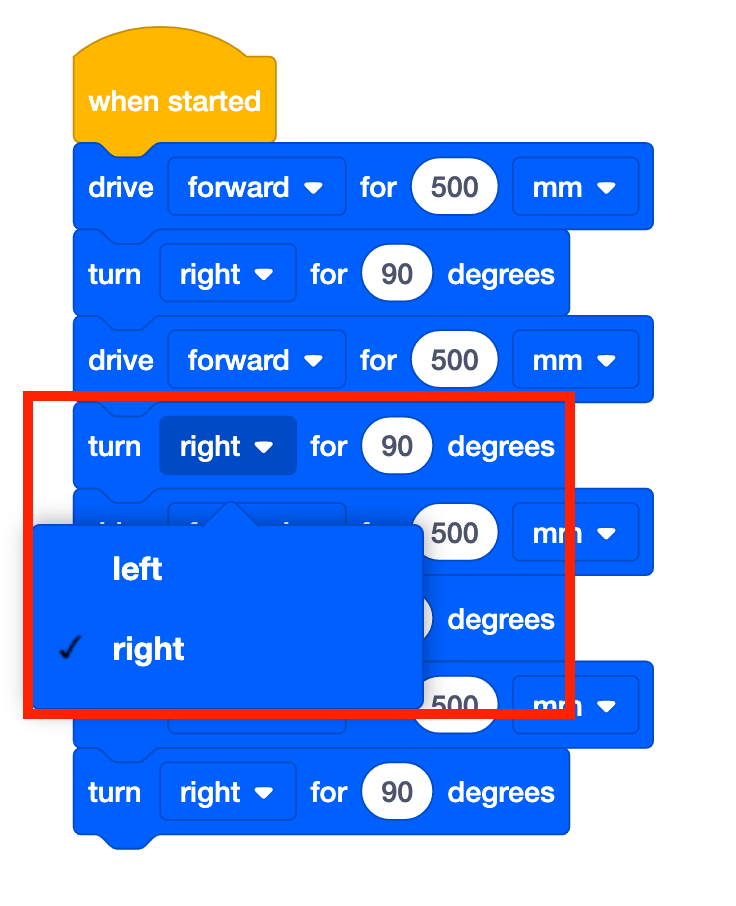 Projekt VEXcode GO Blocks pokazuje nieprawidłowy napęd w programie kwadratowym. Nieprawidłowy blok Turn ma otwarte menu rozwijane i jest podświetlony. Wartość kierunku zmienia się z lewej na prawą.