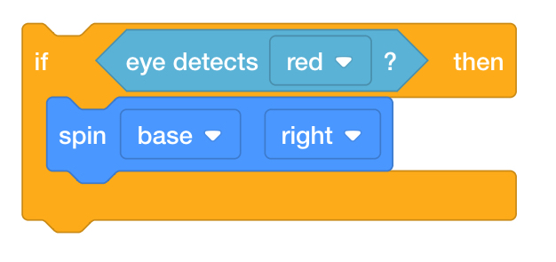 VEXcode GO Si el bloque C tiene un bloque de color Detecta en su ranura de parámetro booleano. Dentro del bloque If hay un bloque Spin.