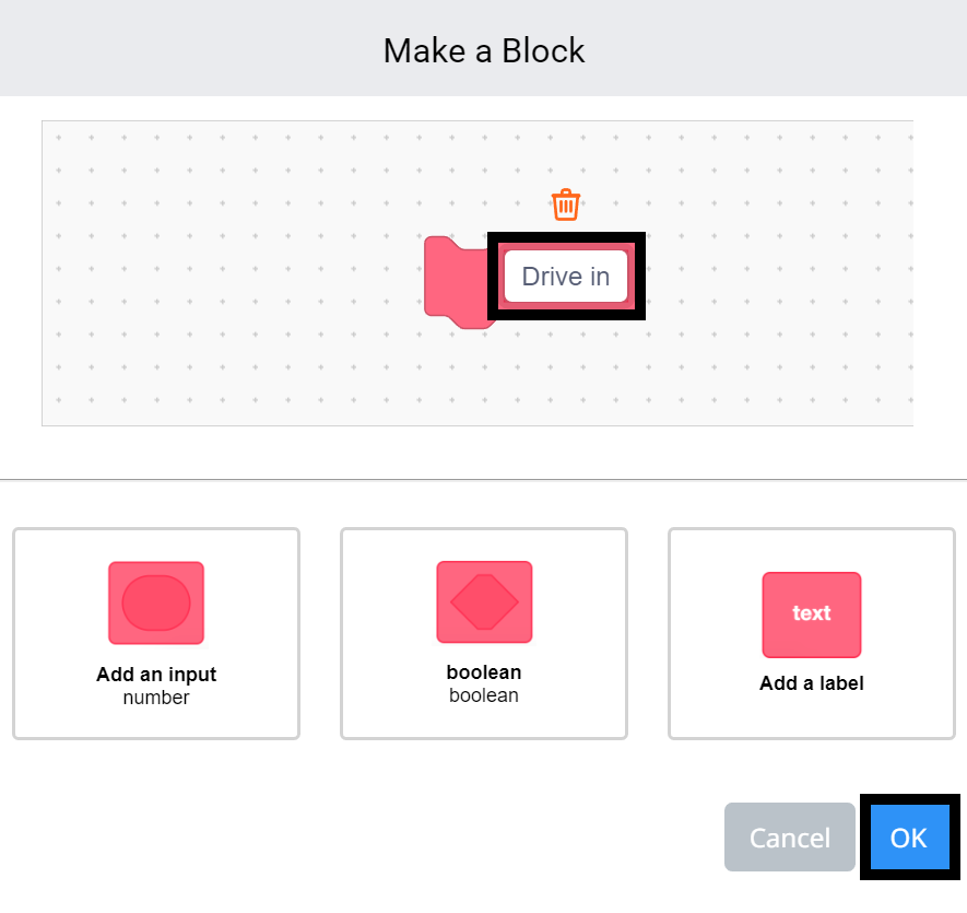 Le menu Créer un bloc de VEXcode GO est ouvert et le nom du bloc a été changé en Drive in et est mis en surbrillance. Le bouton bleu Ok en bas à droite est mis en surbrillance.