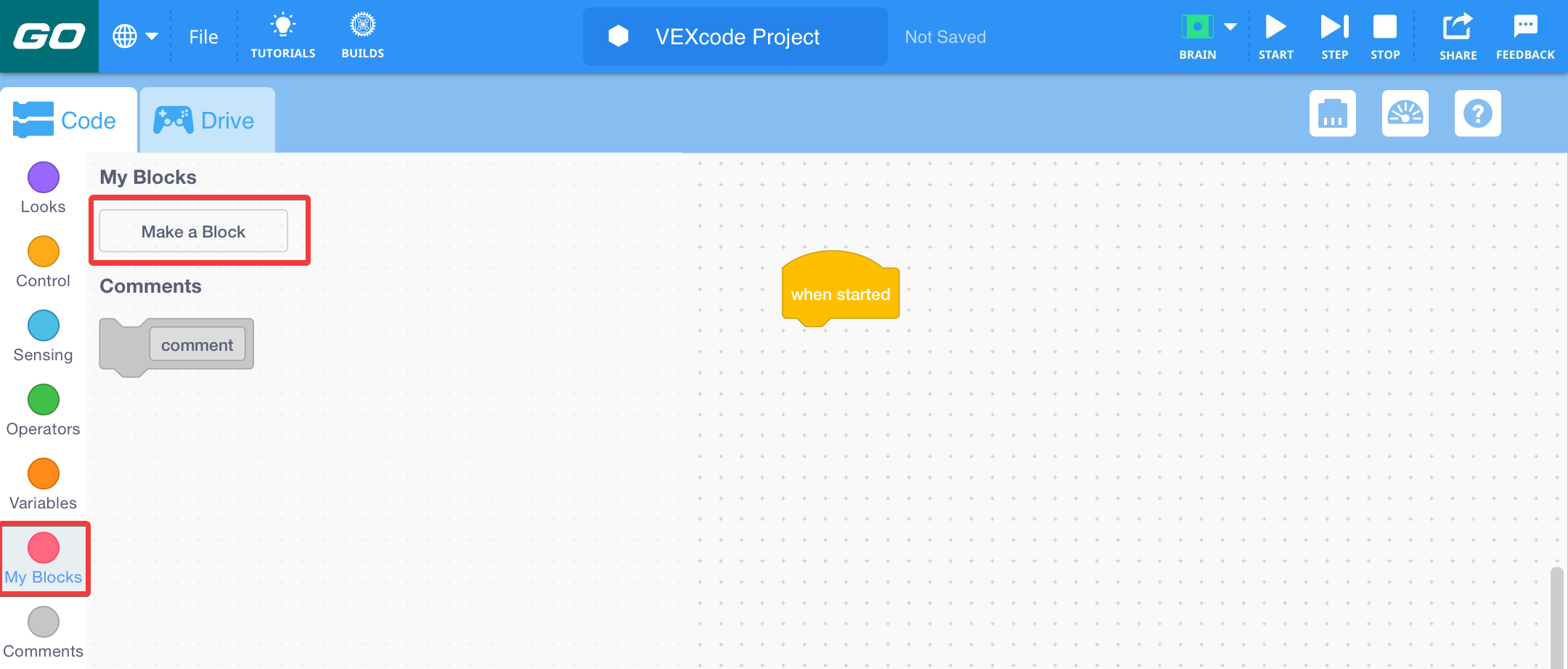 „VEXcode GO“ įrankių juosta, kurioje rodomas skyrius „Mano blokai“ ir paryškintas mygtukas „Padaryti bloką“.