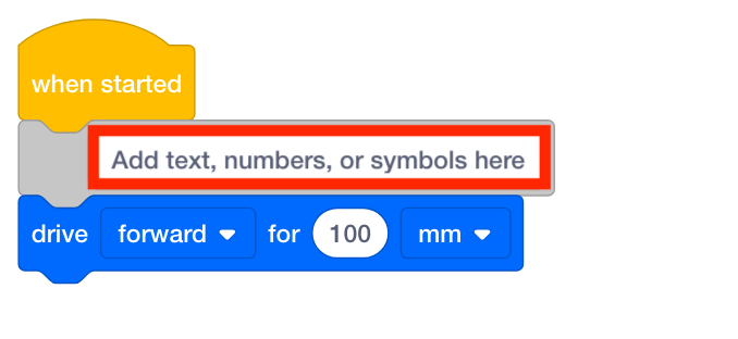 Projeto VEXcode com um bloco de comentários que tem um campo de texto destacado e diz 'Adicionar texto, números ou símbolos aqui'.