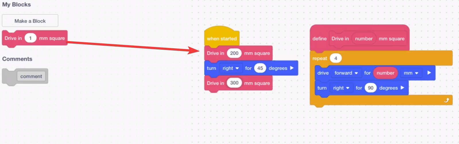 Блок VEXcode GO When Started, який містить три блоки під ним. Спочатку це командний блок «Рух у квадраті 200 мм», потім «Поворот праворуч на 45 градусів», а потім блок команд «Рух у квадраті 300 мм».