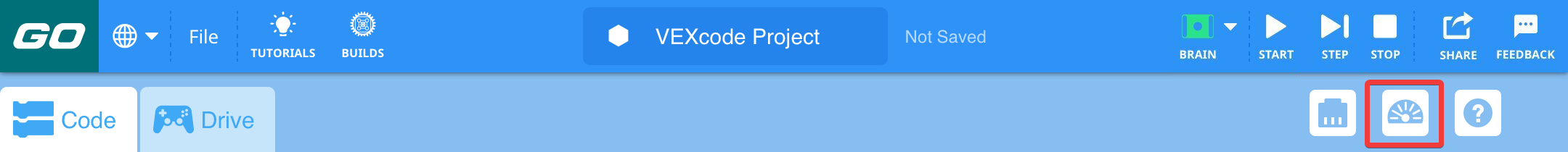 VEXcode GO-werkbalk met het Monitor-pictogram gemarkeerd tussen de pictogrammen Apparaten en Help.