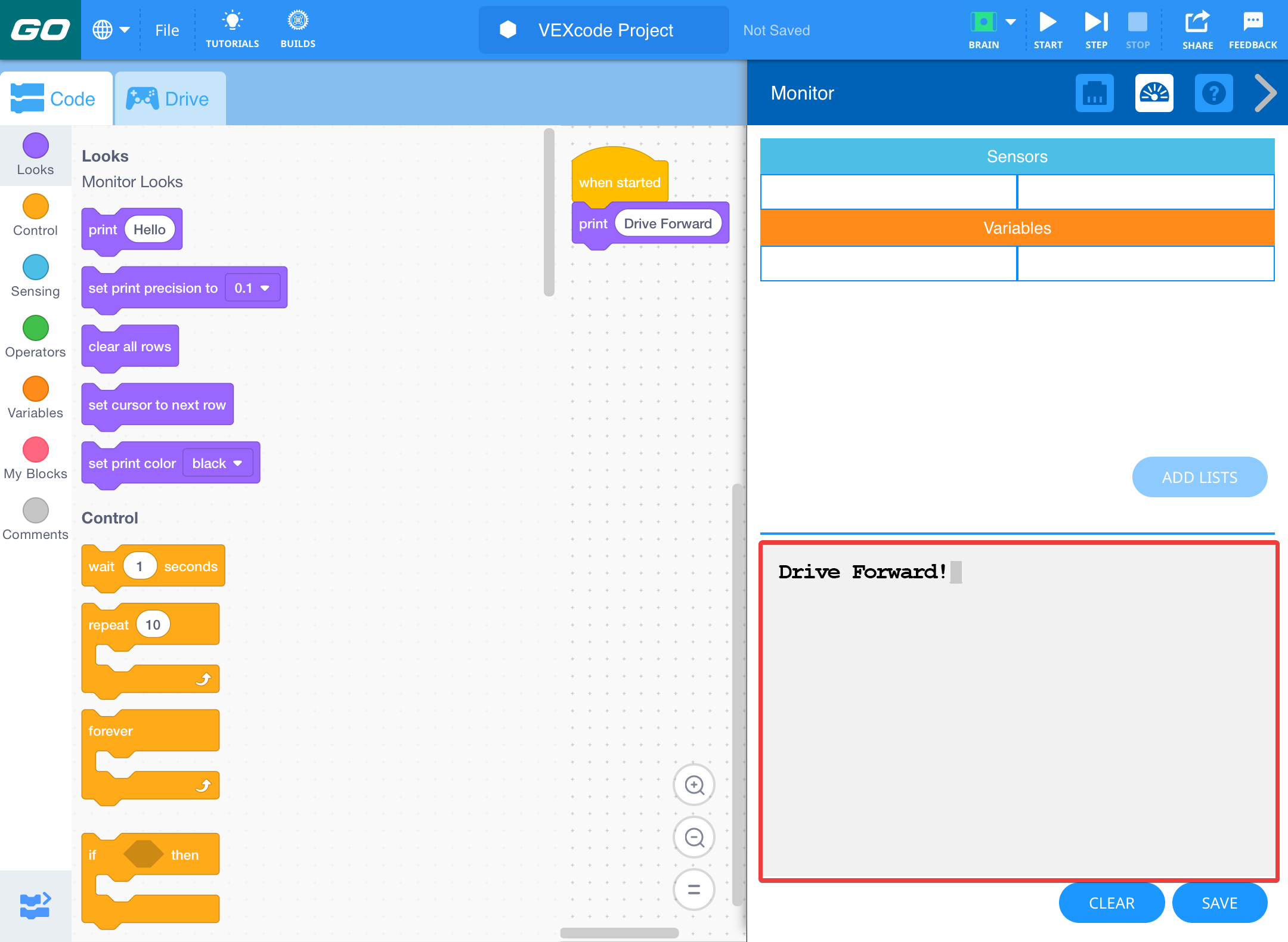 Menu Konsol Cetak terbuka dan di Konsol kata-kata 'Bergerak Maju' dicetak dan disorot.