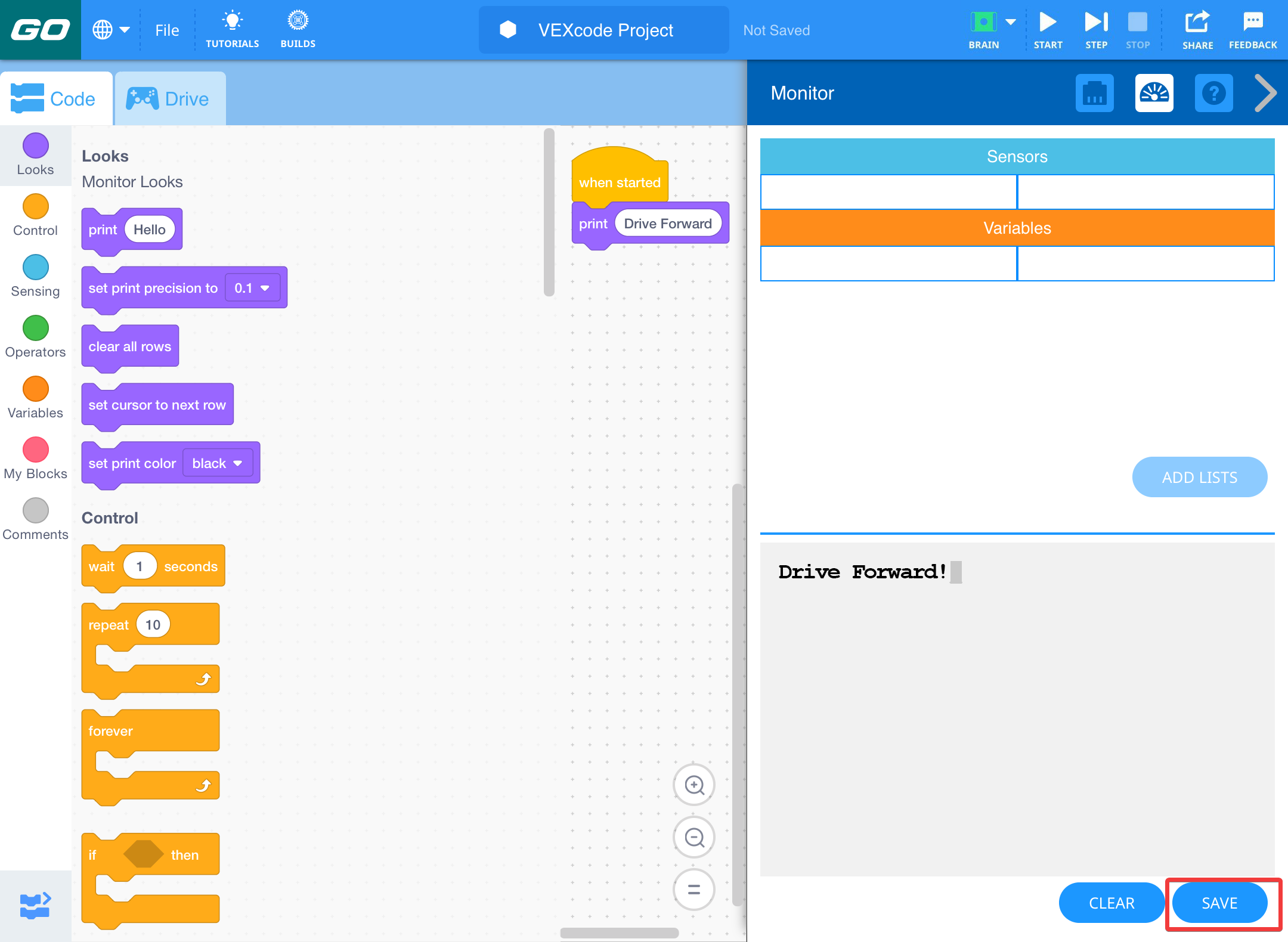 प्रिंट कंसोल मेनू खुलेगा जिसमें 'ड्राइव फॉरवर्ड' शब्द मुद्रित होगा और नीचे सेव बटन हाइलाइट किया जाएगा।