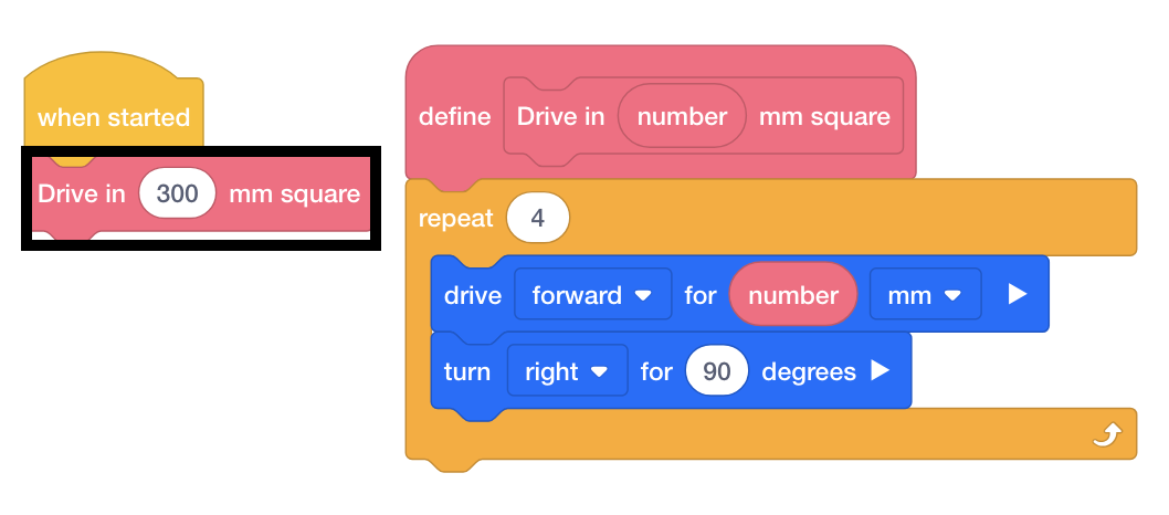 Khối lệnh VEXcode GO My Blocks được thêm vào bên dưới khối When Started. Khối lệnh này sẽ gọi lệnh Drive in number mm square. Tham số số được đặt thành 300.