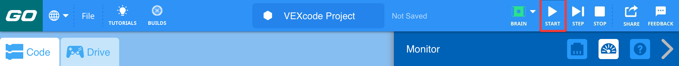VEXcode GO ツールバー。Brain アイコンと Step アイコンの間にある Start アイコンが強調表示されています。