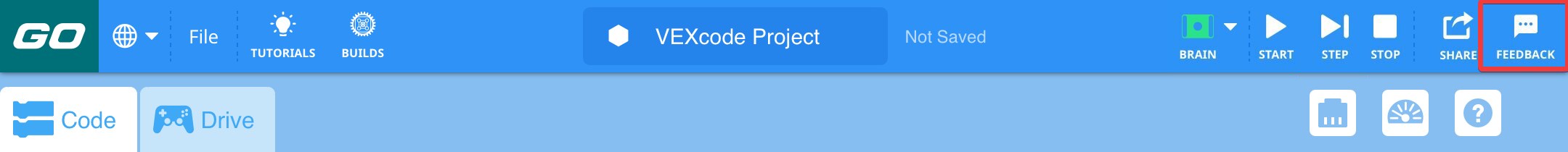 แถบเครื่องมือ VEXcode GO พร้อมไอคอนข้อเสนอแนะที่เน้นไว้ทางด้านขวาของไอคอนแชร์