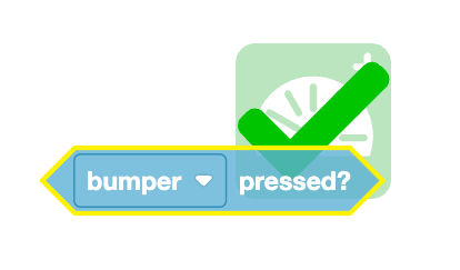 VEXcode GO Bumper drukt op het blok en sleept het over het Monitor Console-pictogram in de werkruimte. Het Monitor Console-pictogram is groen met een vinkje om aan te geven dat deze detectiewaarde kan worden bewaakt.