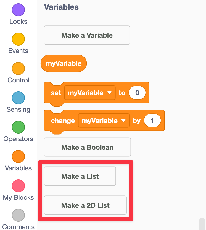 Boîte à outils dans VEXcode GO avec la catégorie Variables affichée et les boutons Créer une liste et Créer une liste 2D mis en évidence.