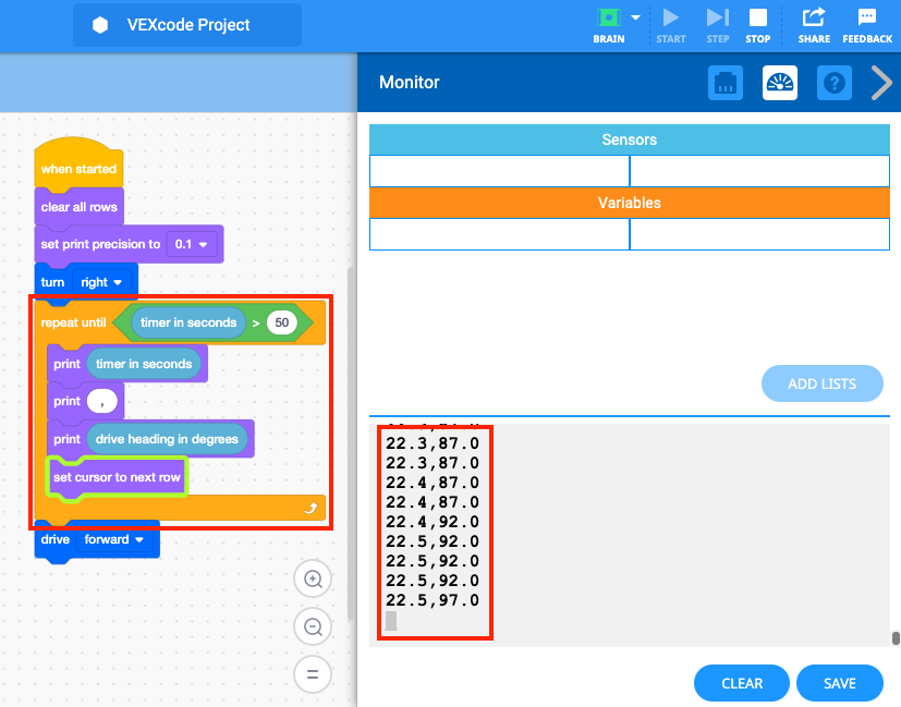 VEXcode GO Blocks Project a megnyitott Print Console mellett látható munkaterületen. A blokkok projekt tartalmaz egy Fordulási blokkot, amely folyamatosan jobbra fordul, majd egy Ismétlésig blokkot, amely kiírja az aktuális időzítő értéket másodpercben és a meghajtó irányát fokban 50 másodpercig. A Print Console nyomtatott vonalai azt mutatják, hogy az időzítő és a fejléc értékek nyomtatása és frissítése folyamatban van annak bizonyítására, hogy a robot forog.