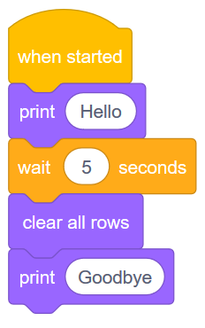 Projeto VEXcode GO Blocks que imprimirá a palavra 'Olá', aguardará 5 segundos, limpará todas as linhas na Print Console e, em seguida, imprimirá a palavra 'Adeus'.