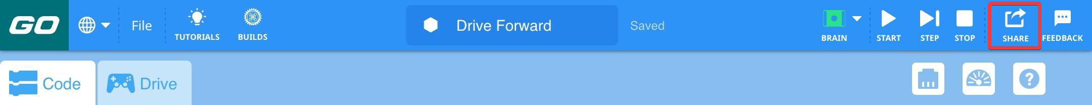 Barra de ferramentas VEXcode GO com o ícone Partilhar destacado entre os ícones Parar e Feedback.