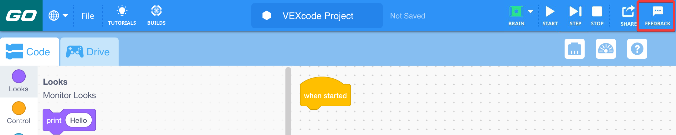 Barre d'outils VEXcode GO avec l'icône de commentaires en surbrillance à droite de l'icône de partage.