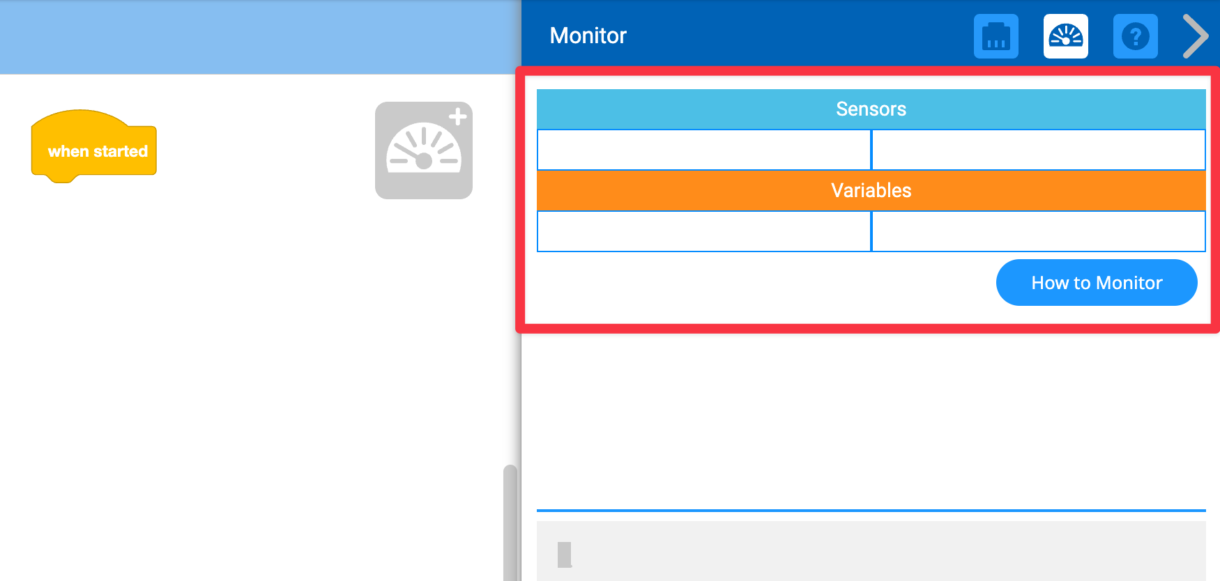 O menu da consola do monitor é aberto e as tabelas de dados Sensores e Variáveis são realçadas.
