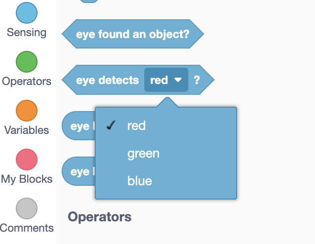 Deteta bloco de cores na caixa de ferramentas VEXcode GO, com o menu suspenso aberto a mostrar que consegue detetar as cores vermelho, verde e azul.