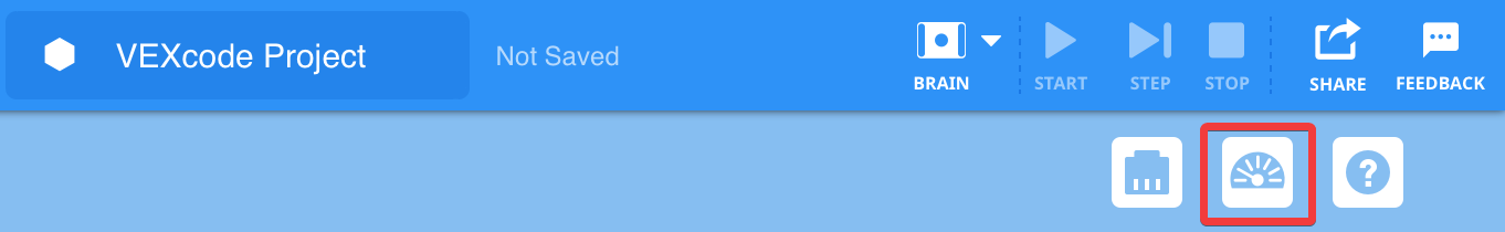 장치 및 도움말 아이콘 사이에 모니터 아이콘이 강조 표시된 VEXcode GO 도구 모음입니다.