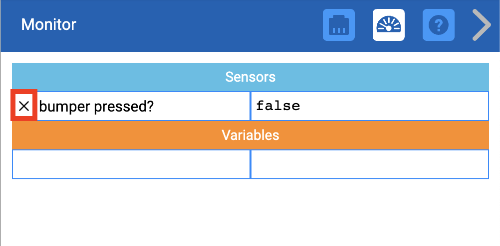 Die Monitorkonsole ist geöffnet und der Sensortabelle wurde ein Sensorwert hinzugefügt. Der Sensorwert lautet „Stoßstange gedrückt?“ und das X-Symbol links daneben ist hervorgehoben.