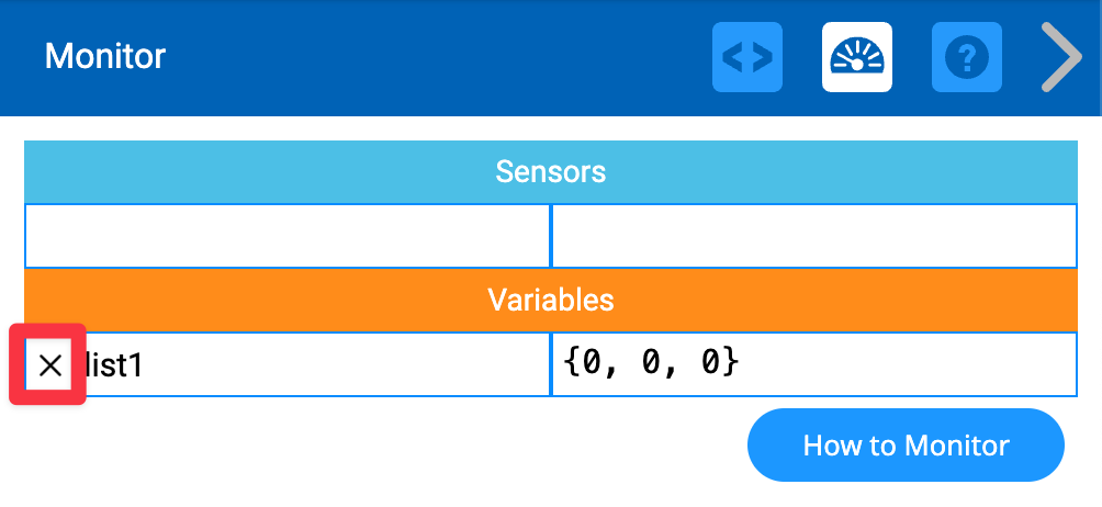 Monitor Console açık ve Değişkenler tablosuna bir Liste değeri eklendi. Listenin solundaki X simgesi vurgulanır.