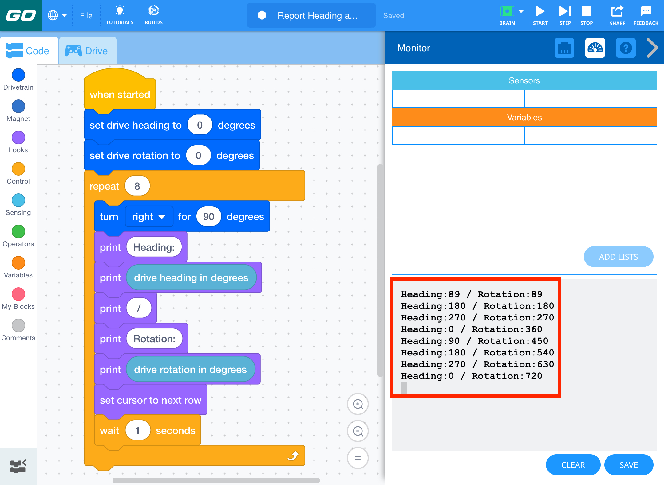 تم فتح VEXcode GO مع قائمة Print Console وتسليط الضوء عليها. تم تشغيل المشروع السابق، وتم طباعة قيم العنوان والدوران على وحدة التحكم أثناء دوران الروبوت إلى اليمين.