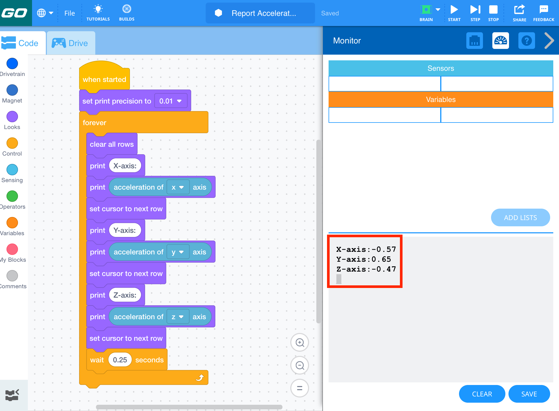 VEXcode GO, প্রিন্ট কনসোল মেনুটি খোলা এবং হাইলাইট করা। পূর্ববর্তী প্রকল্পটি চালানো হয়েছে এবং x, y, এবং z ত্বরণ মানগুলি কনসোলে মুদ্রিত হয়েছে।