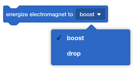 Blocco elettromagnete VEXcode GO Energize con il menu a discesa aperto per dimostrare che l'impostazione del magnete può essere modificata per aumentare o diminuire.